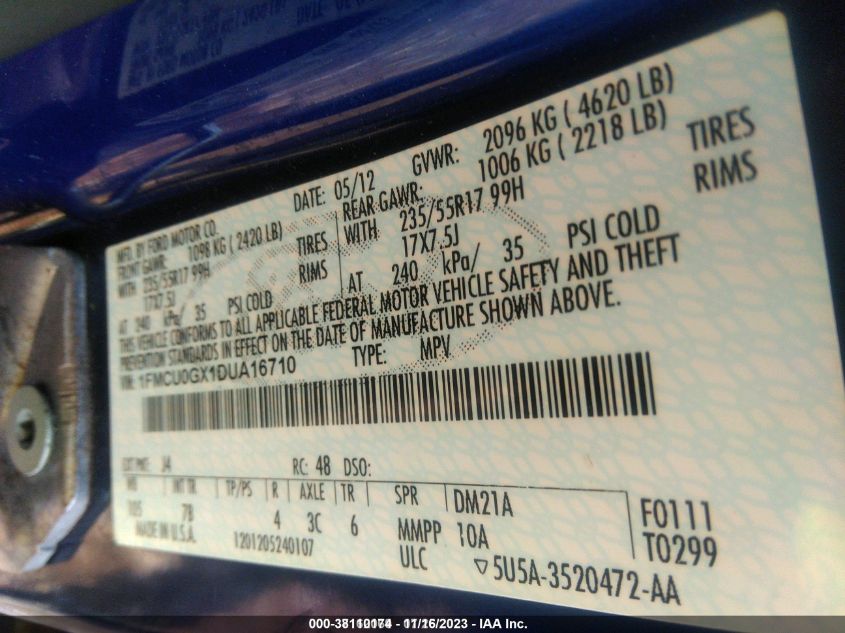 2013 FORD ESCAPE SE - 1FMCU0GX1DUA16710