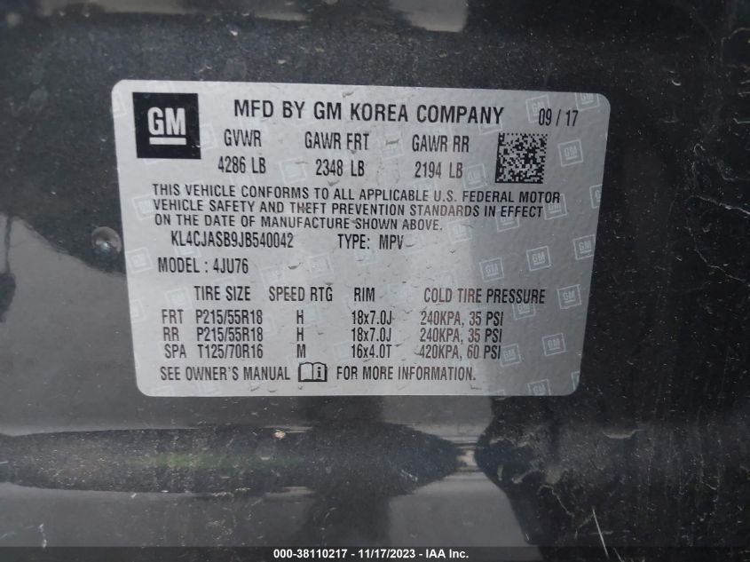 2018 BUICK ENCORE PREFERRED - KL4CJASB9JB540042