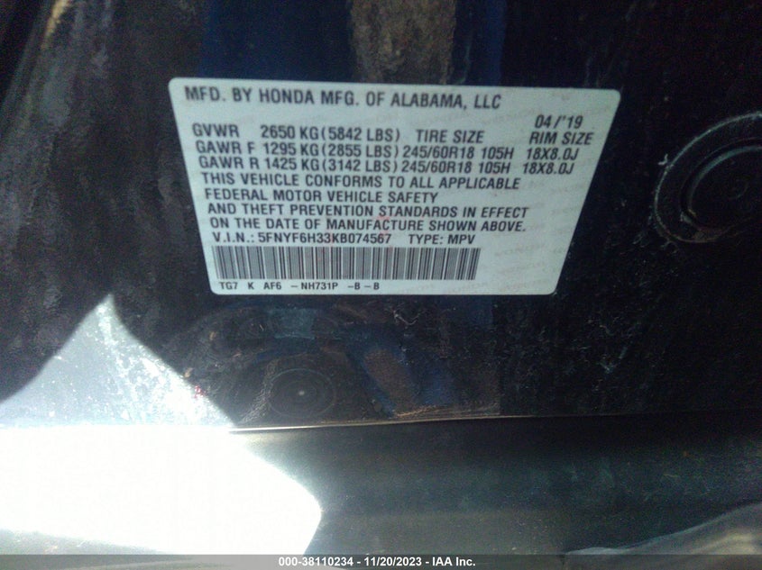 VIN 5FNYF6H33KB074567 2019 HONDA PILOT EX