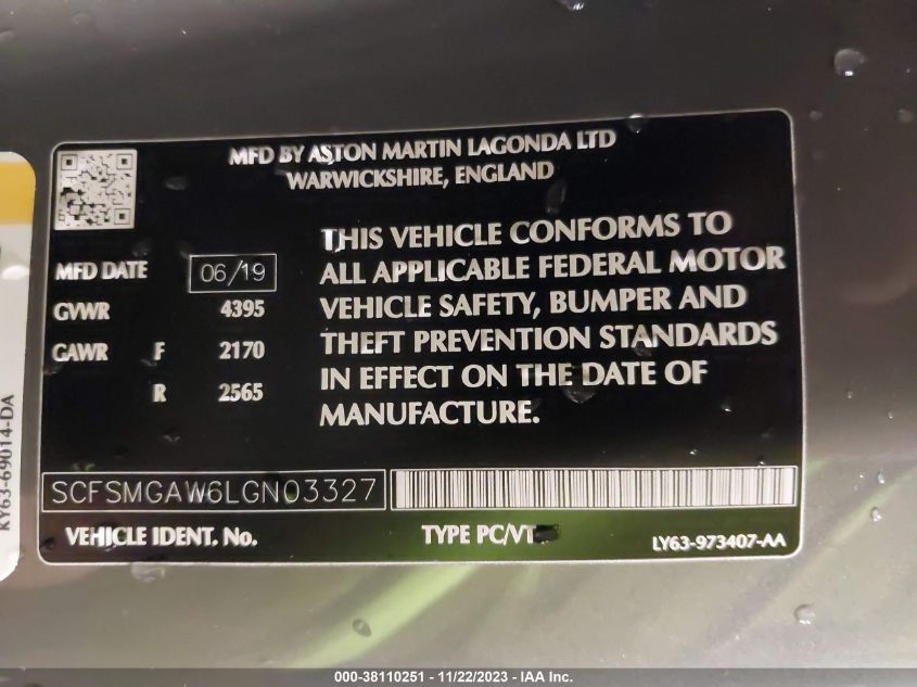 2020 ASTON MARTIN VANTAGE VANTAGE SCFSMGAW6LGN03327