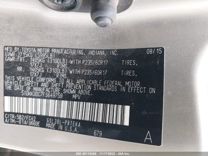 2015 TOYOTA SIENNA LE 8 PASSENGER - 5TDKK3DC7FS649759