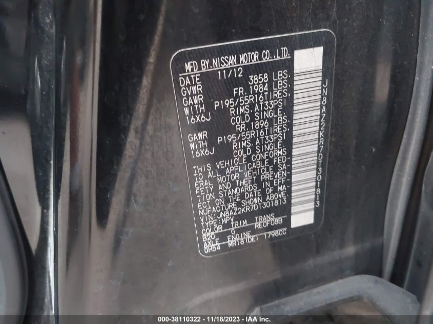 2013 NISSAN CUBE 1.8 SL JN8AZ2KR7DT301813