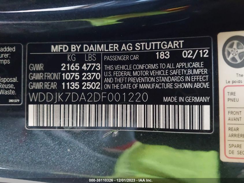 2013 MERCEDES-BENZ SL 550 WDDJK7DA2DF001220