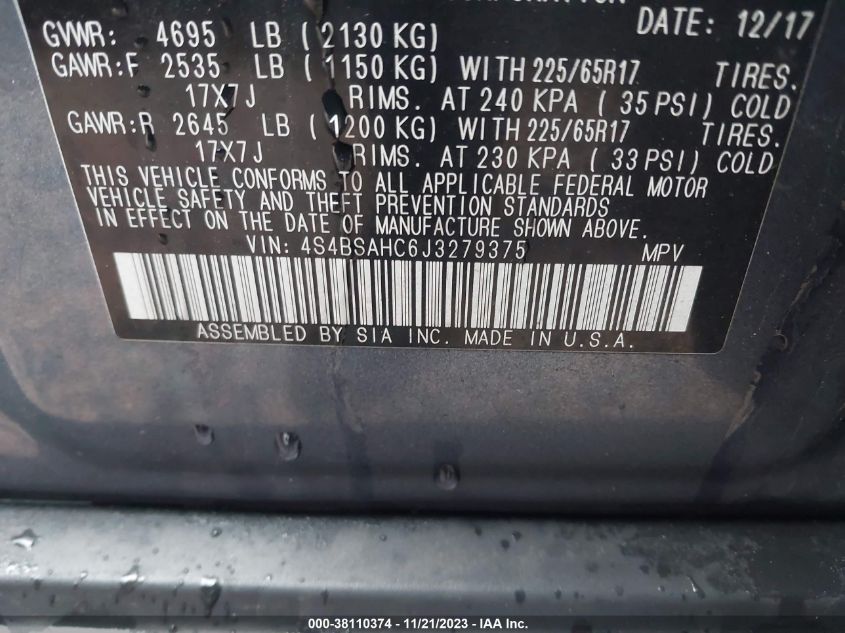 2018 SUBARU OUTBACK 2.5I PREMIUM - 4S4BSAHC6J3279375