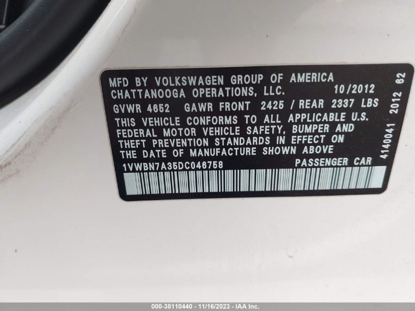 2013 VOLKSWAGEN PASSAT SE - 1VWBN7A35DC046758