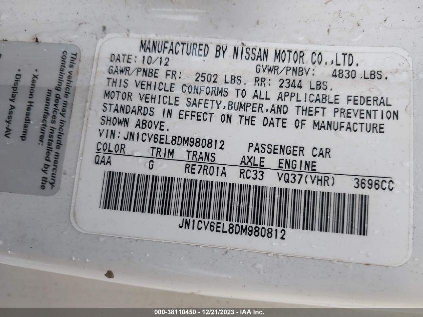 2013 INFINITI G37X JN1CV6EL8DM980812