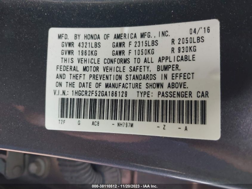 2016 HONDA ACCORD SPORT - 1HGCR2F52GA186129