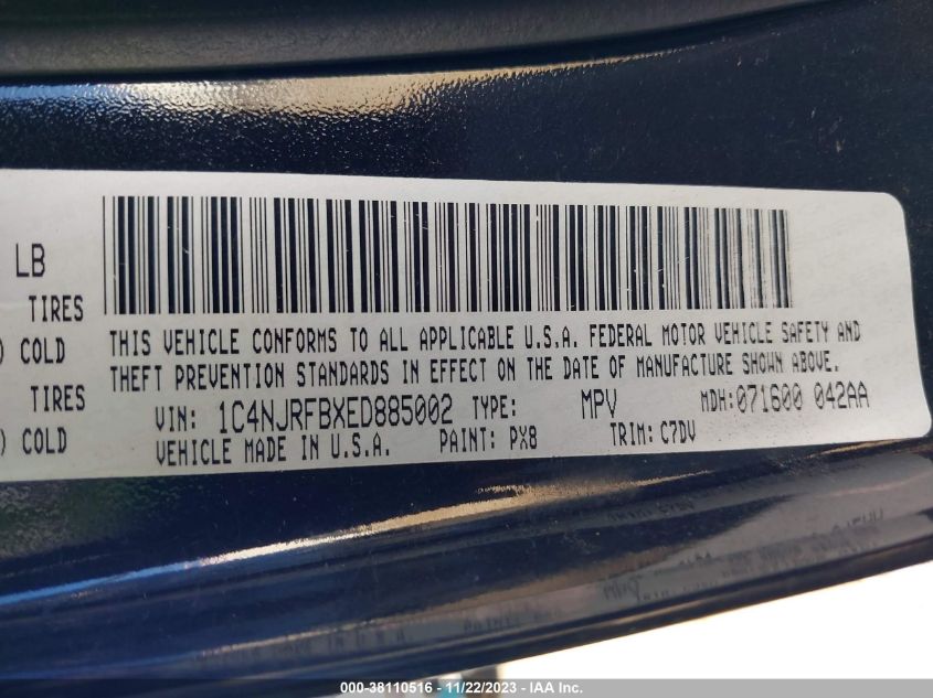 2014 JEEP PATRIOT LATITUDE - 1C4NJRFBXED885002