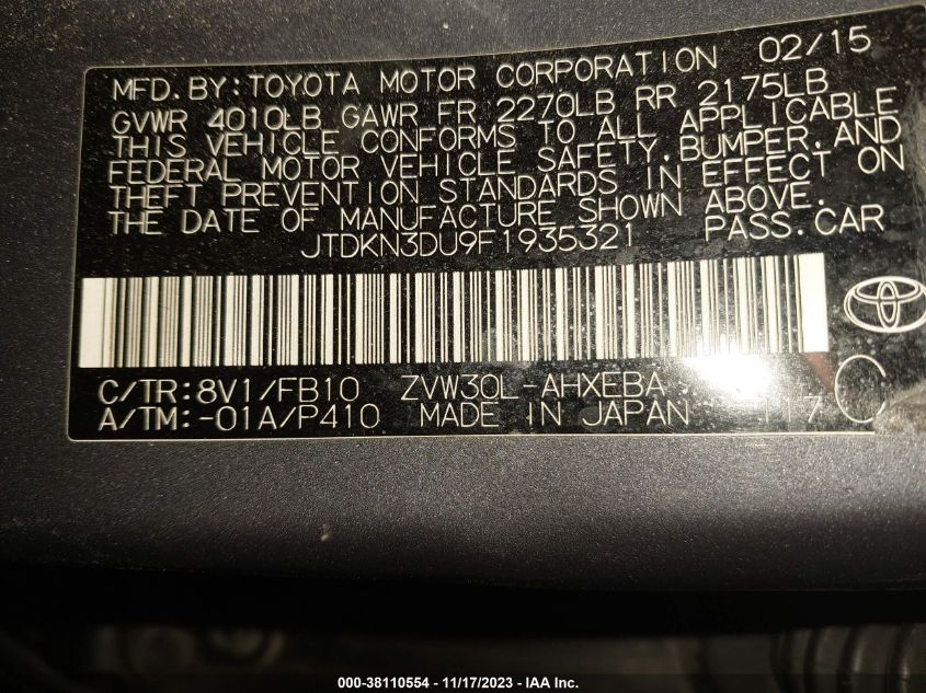 2015 TOYOTA PRIUS - JTDKN3DU9F1935321