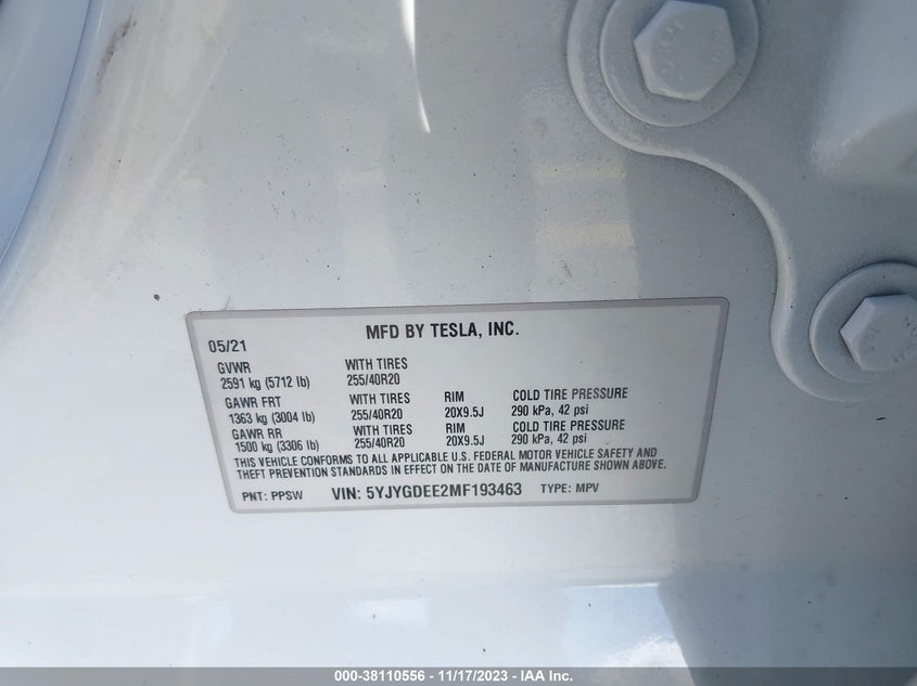 VIN 5YJYGDEE2MF193463 2021 TESLA MODEL Y