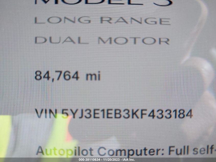 2019 TESLA MODEL 3 LONG RANGE/PERFORMANCE - 5YJ3E1EB3KF433184