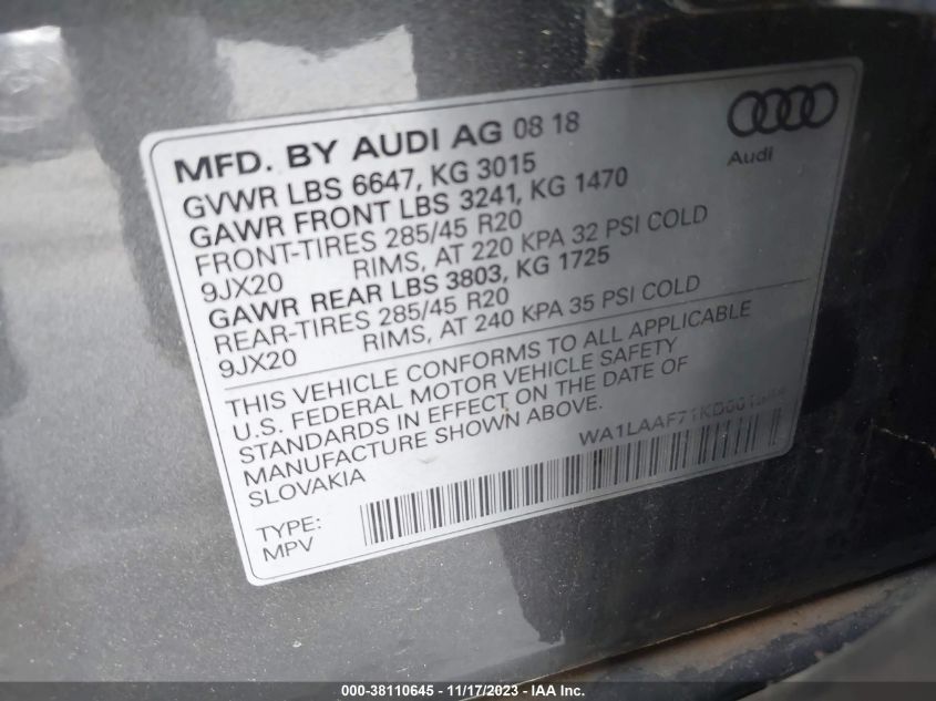 WA1LAAF71KD001586 2019 AUDI Q7, photo no. 9