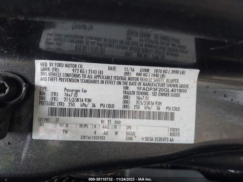 2016 FORD FOCUS SE - 1FADP3F20GL401800