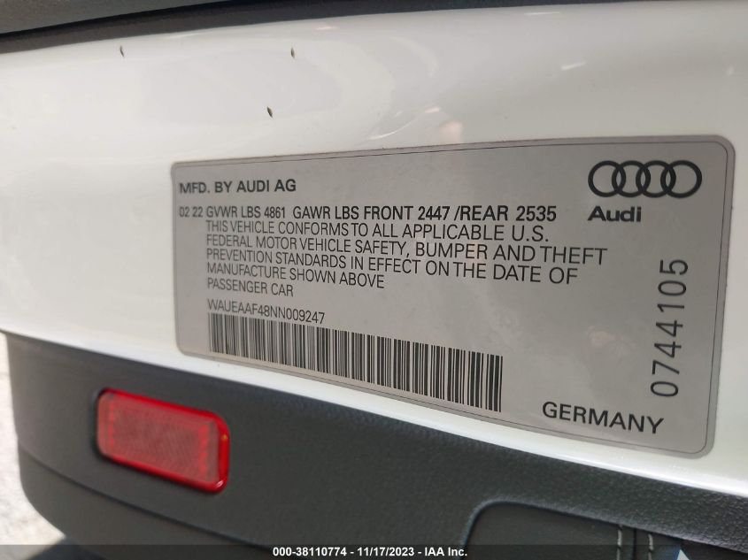 2022 AUDI A4 PREMIUM PLUS 45 TFSI S - WAUEAAF48NN009247