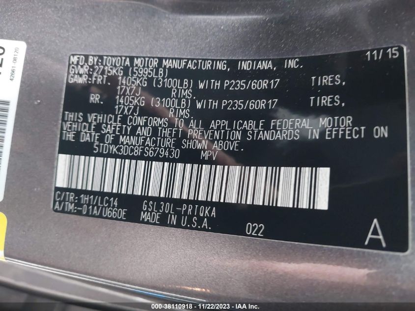 5TDYK3DC8FS679430 2015 TOYOTA SIENNA, photo no. 9