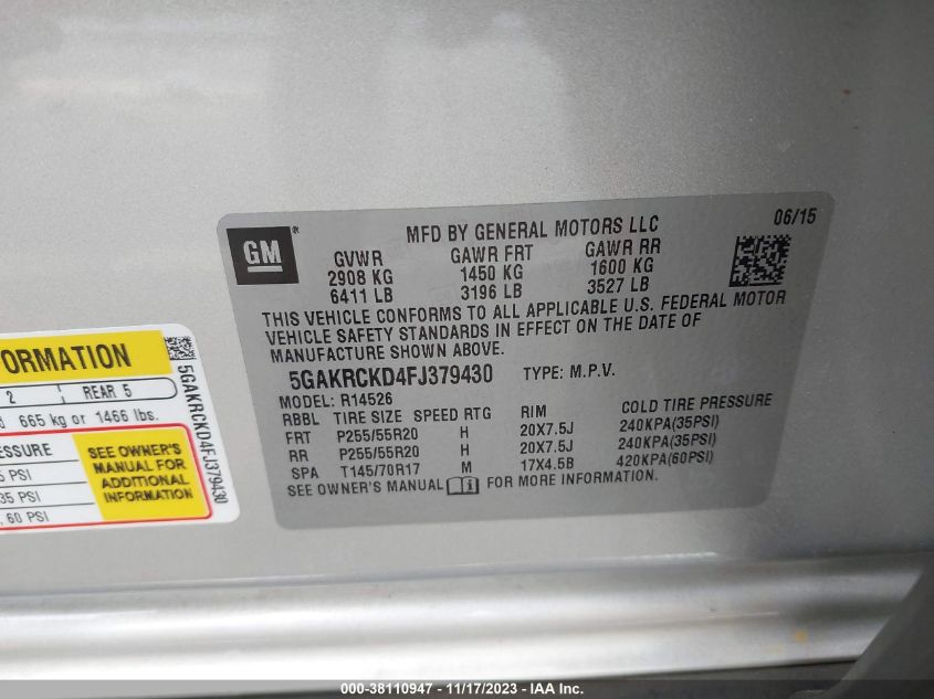 2015 BUICK ENCLAVE PREMIUM - 5GAKRCKD4FJ379430