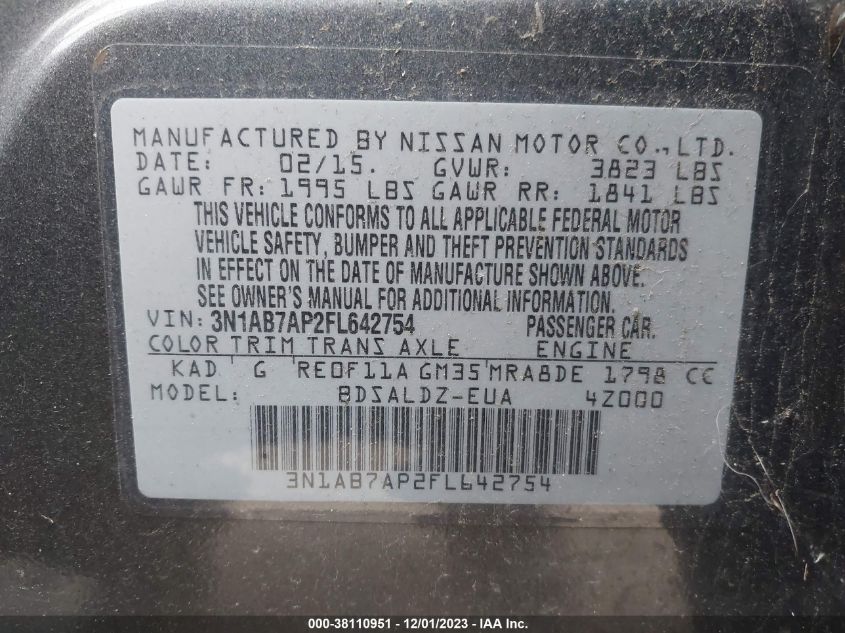 2015 NISSAN SENTRA SR/SL/S/SV/FE+ S - 3N1AB7AP2FL642754