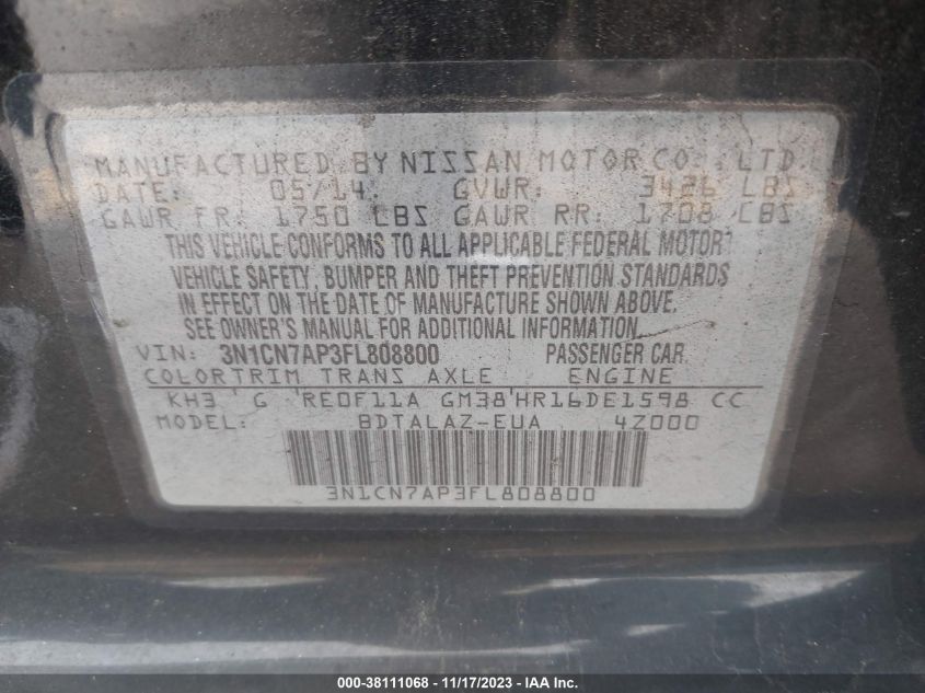 2015 NISSAN VERSA S/S PLUS/SV/SL - 3N1CN7AP3FL808800