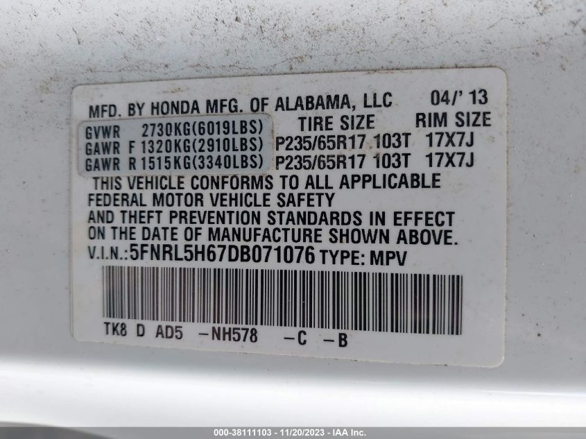 2013 HONDA ODYSSEY EX-L - 5FNRL5H67DB071076