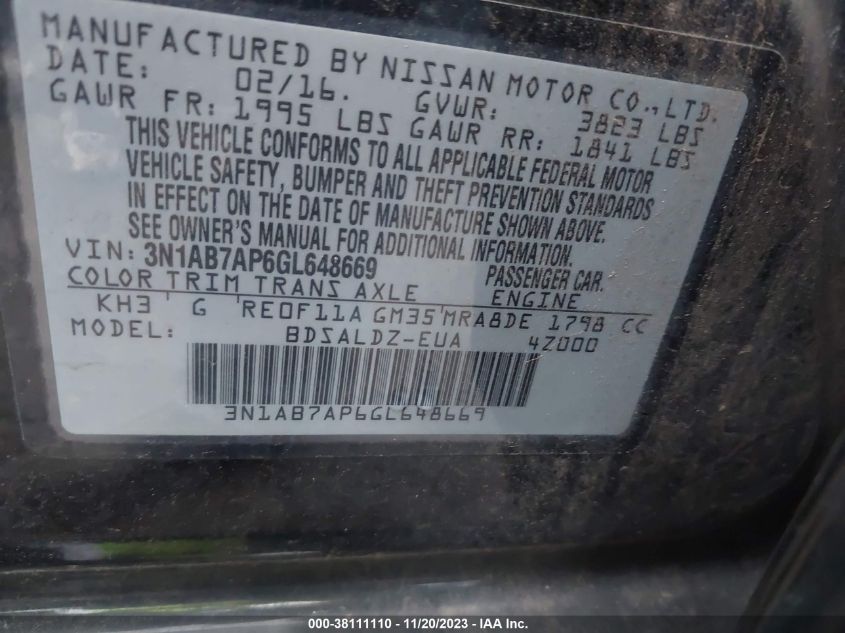 2016 NISSAN SENTRA SR/SL/S/SV/FE+ S - 3N1AB7AP6GL648669