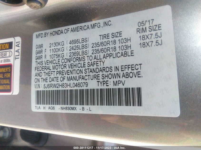 2017 HONDA CR-V EXL - 5J6RW2H83HL046079