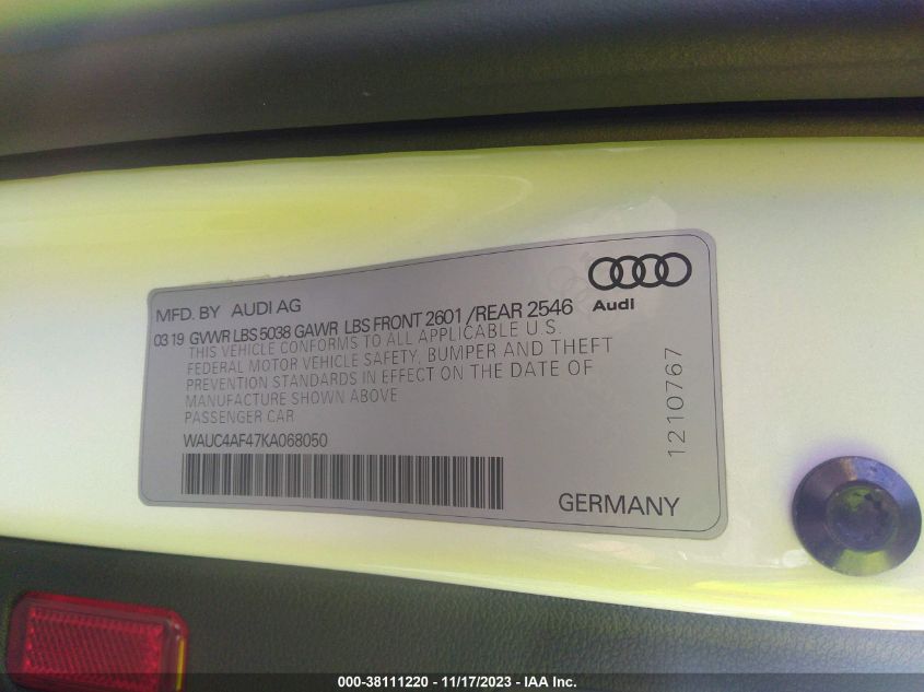 VIN WAUC4AF47KA068050 2019 AUDI S4 PRESTIGE