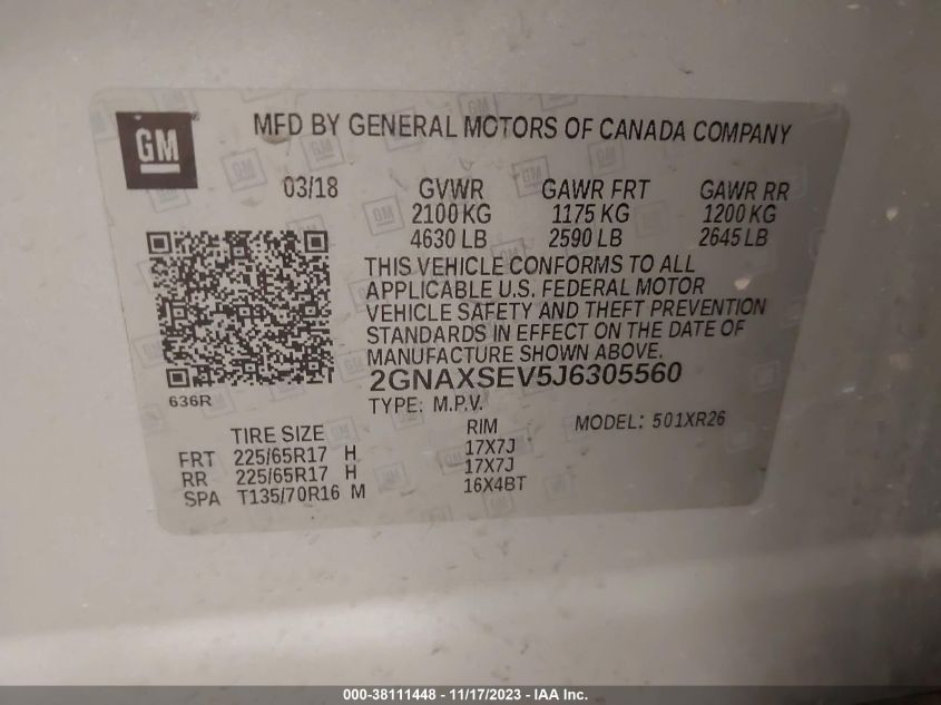 2018 CHEVROLET EQUINOX LT - 2GNAXSEV5J6305560