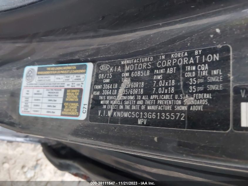 2016 KIA SEDONA SX KNDMC5C13G6135572