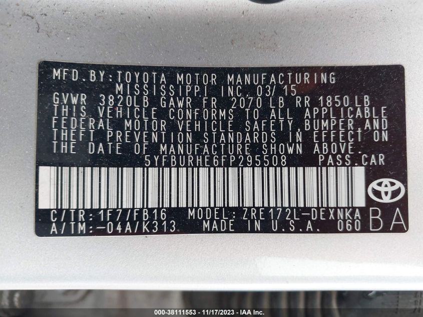 2015 TOYOTA COROLLA LE - 5YFBURHE6FP295508