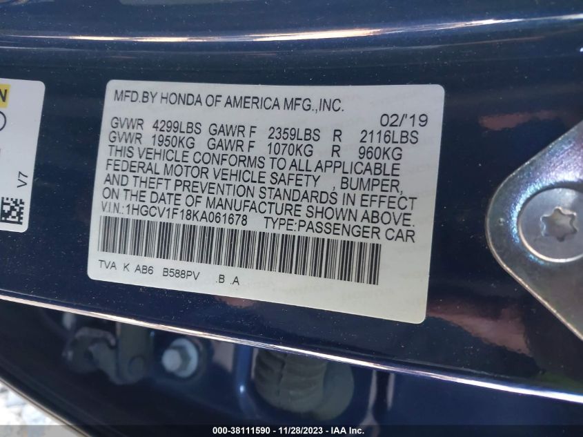 2019 HONDA ACCORD LX - 1HGCV1F18KA061678