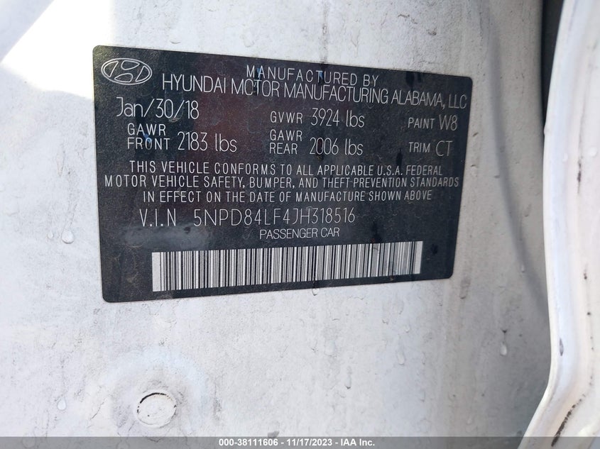 VIN 5NPD84LF4JH318516 2018 HYUNDAI ELANTRA SEL/VALUE/LIMITED