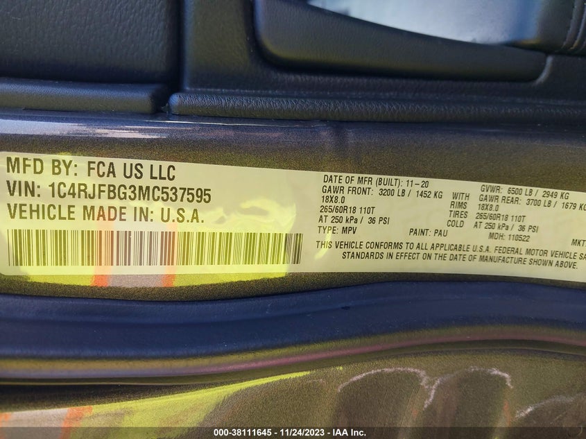 VIN 1C4RJFBG3MC537595 2021 JEEP GRAND CHEROKEE LIMITED