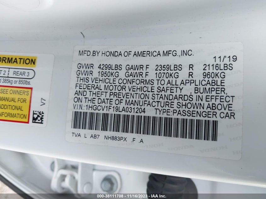 VIN 1HGCV1F19LA031204 2020 HONDA ACCORD LX