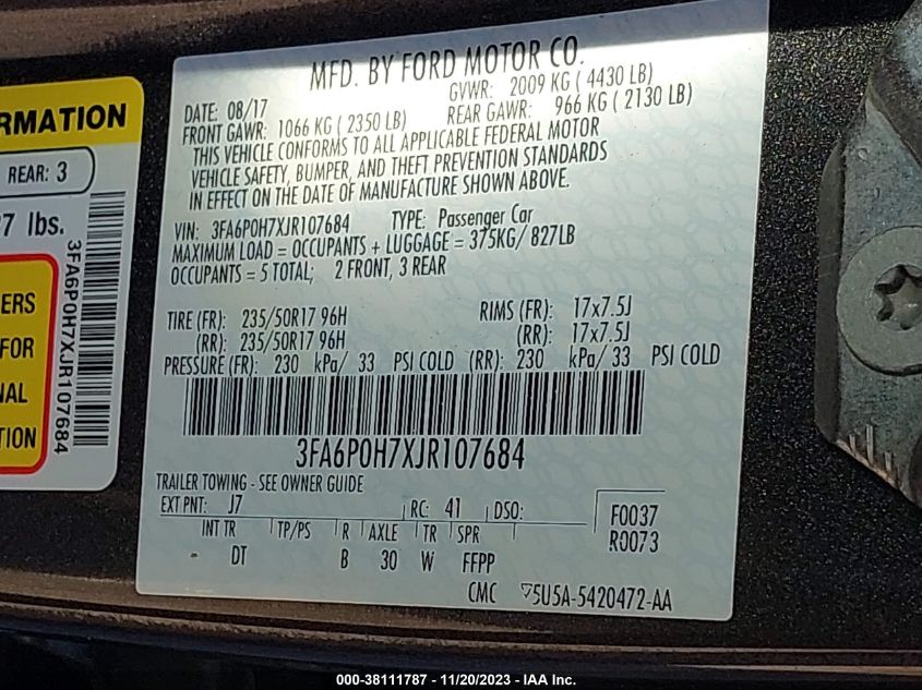 2018 FORD FUSION SE - 3FA6P0H7XJR107684