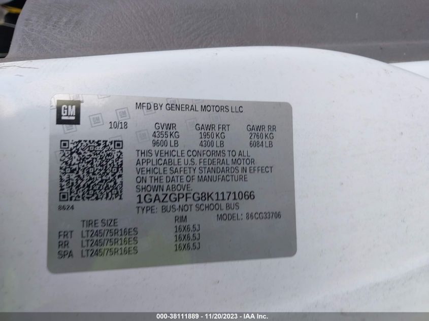 2019 CHEVROLET EXPRESS 3500 LT 1GAZGPFG8K1171066