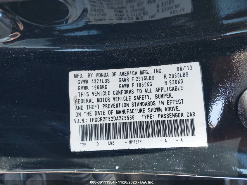 2013 HONDA ACCORD SDN SPORT 1HGCR2F52DA225586
