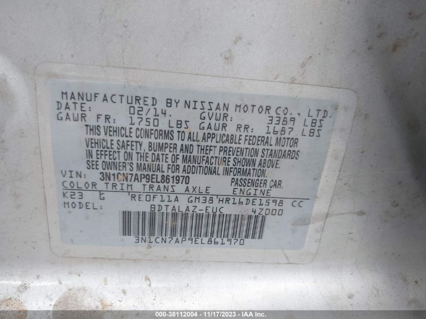 2014 NISSAN VERSA 1.6 S+ - 3N1CN7AP9EL861970
