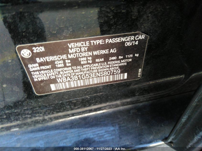 2014 BMW 320I - WBA3B1G53ENS80759