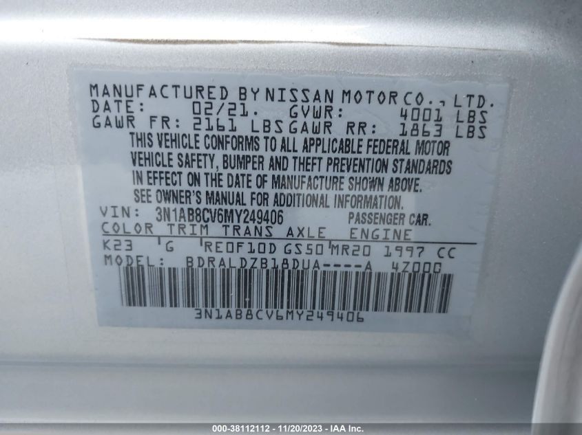 3N1AB8CV6MY249406 | 2021 NISSAN SENTRA