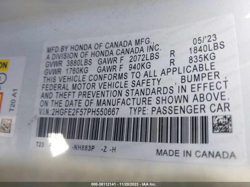 2023 HONDA CIVIC SPORT - 2HGFE2F57PH550667