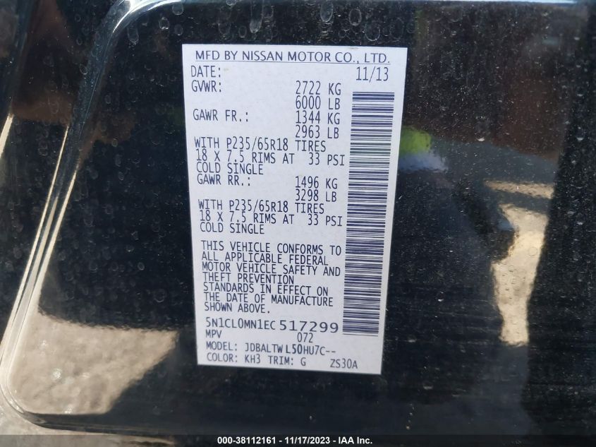 2014 INFINITI QX60 HYBRID 5N1CL0MN1EC517299