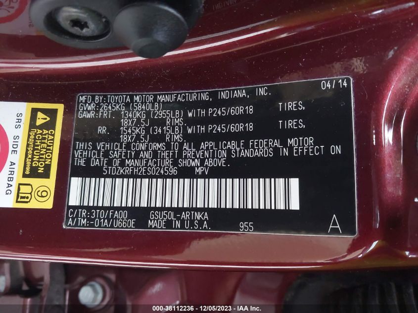 2014 TOYOTA HIGHLANDER LE PLUS V6 - 5TDZKRFH2ES024596