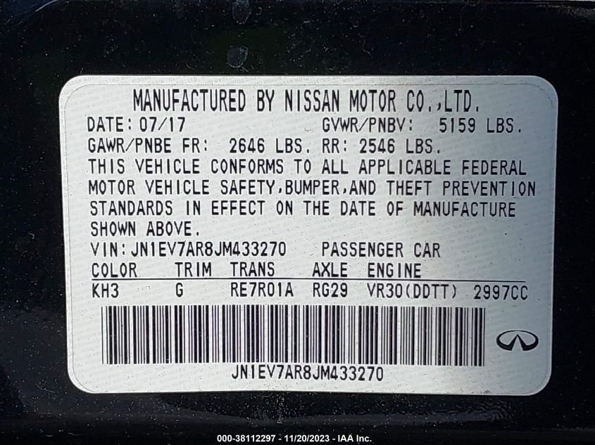 2018 INFINITI Q50 3.0T LUXE - JN1EV7AR8JM433270
