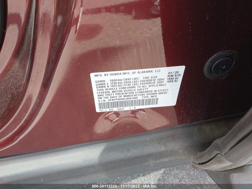 VIN 5FNYF6H52LB041935 2020 HONDA PILOT EXL