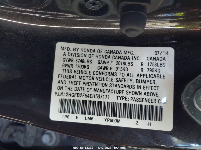 2014 HONDA CIVIC LX - 2HGFB2F54EH537171