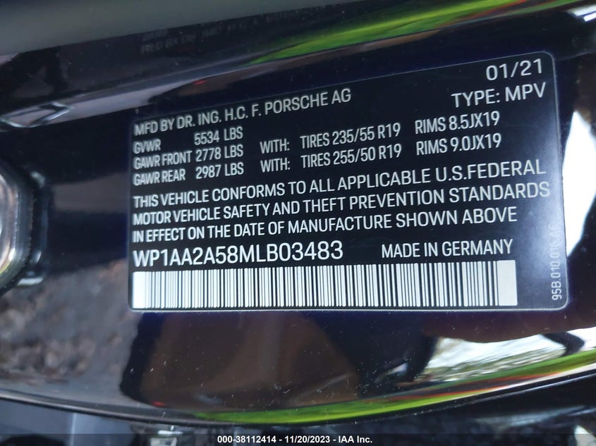 VIN WP1AA2A58MLB03483 2021 PORSCHE MACAN