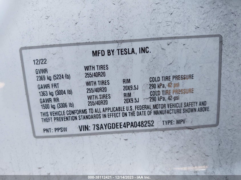 VIN 7SAYGDEE4PA048252 2023 TESLA MODEL Y