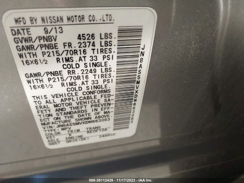 2013 NISSAN ROGUE S - JN8AS5MVXDW663083