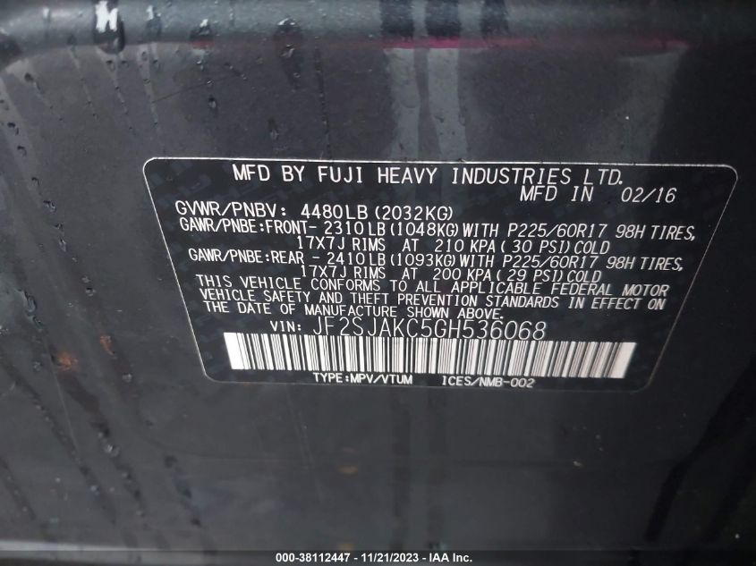 2016 SUBARU FORESTER 2.5I LIMITED - JF2SJAKC5GH536068