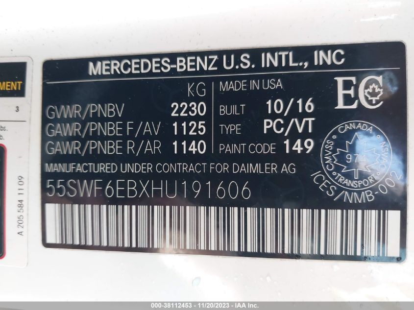 2017 MERCEDES-BENZ AMG C 43 4MATIC 55SWF6EBXHU191606